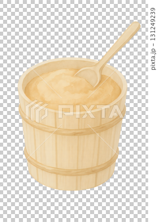 木桶入り味噌と木さじ 水彩イラスト PNG 透過背景 131249239
