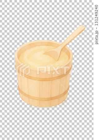 真上から見た味噌樽と木さじ 水彩イラスト PNG 透過背景 131249240