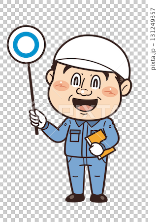工場や現場で働く男性作業員がマルのプラカードを掲げている正解イラスト 131249357