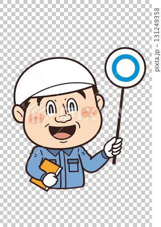 工場や現場で働く男性作業員がマルのプラカードを掲げている正解イラスト 131249358
