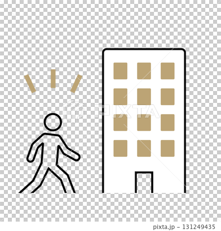 Simple icon illustration of a person and office building representing joining a company or finding employment Simple icon illustration of a person and office building representing joining a company or finding employment 131249435