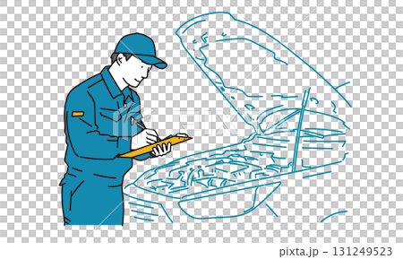 車のボンネットを開けて中をチェックする自動車整備士のイラスト素材 131249523