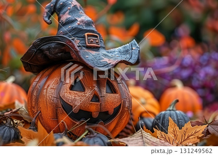 魔女帽子をかぶったジャックオーランタンのハロウィン装飾 131249562