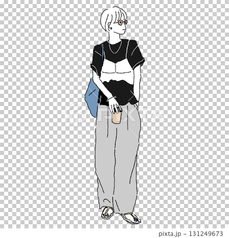 Fashion illustration of a woman wearing a layered T-shirt and bustier, holding sunglasses and a takeout cup (color) 131249673