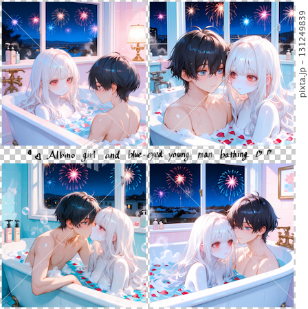 一對情侶正在洗澡。一位白化病女孩和一位藍眼睛的年輕男子正在洗澡。一組四幅日本漫畫風格的AI插畫。 131249839
