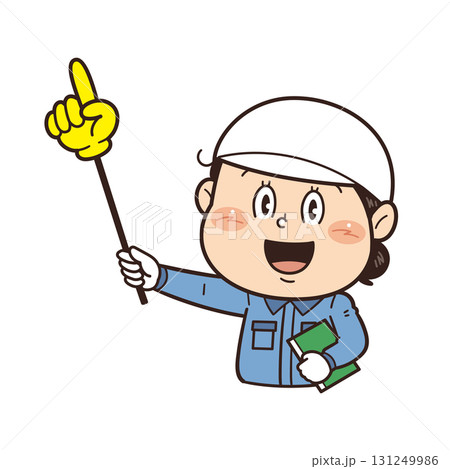 工場や現場で働く女性作業員が指差し棒を持つイラスト｜不安全行動・不安全状態・労働災害 131249986