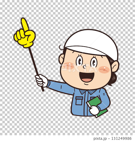 工場や現場で働く女性作業員が指差し棒を持つイラスト｜不安全行動・不安全状態・労働災害 131249986