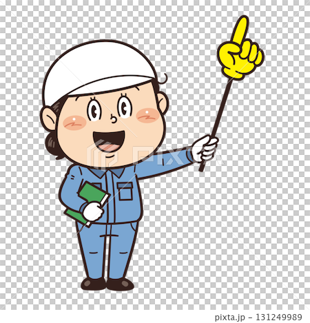 工場や現場で働く女性作業員が指差し棒を持つイラスト｜不安全行動・不安全状態・労働災害 131249989