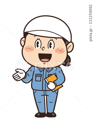 工場や現場で働く女性作業員が説明しているイラスト｜不安全行動・不安全状態・労働災害 131250092