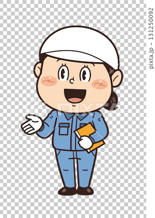 工場や現場で働く女性作業員が説明しているイラスト｜不安全行動・不安全状態・労働災害 131250092