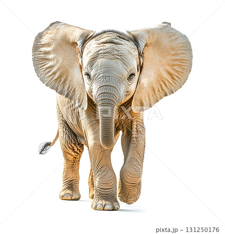 Baby elephant walking gracefully in bright light, showcasing gentle features and texture 131250176