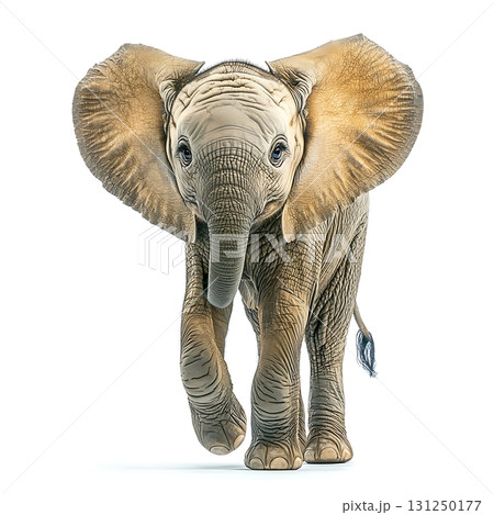 Cute and Playful Baby Elephant Walking Towards the Camera in Bright White Background 131250177