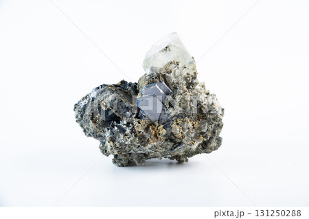 Fluorite mineral specimen with cubic crystals, golden pyrite inclusions, and galena lead glance, displayed on a clean white background. 131250288