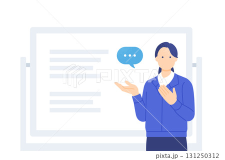 ホワイトボードを使いセミナーでプレゼンテーションする女性講師のイラスト ホワイトボードを使いセミナーでプレゼンテーションする女性講師のイラスト 131250312