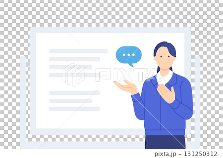ホワイトボードを使いセミナーでプレゼンテーションする女性講師のイラスト ホワイトボードを使いセミナーでプレゼンテーションする女性講師のイラスト 131250312