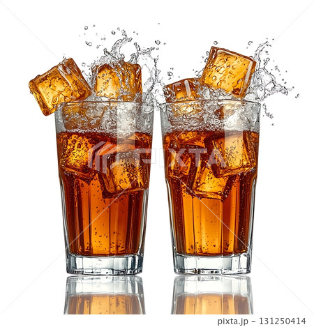 Refreshing Glasses of Iced Tea with Ice Cubes Splashing in Bright Light Setting 131250414