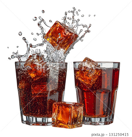 Refreshing Bubbly Cola Drinks with Ice Cubes Splashing in Glasses on White Background 131250415