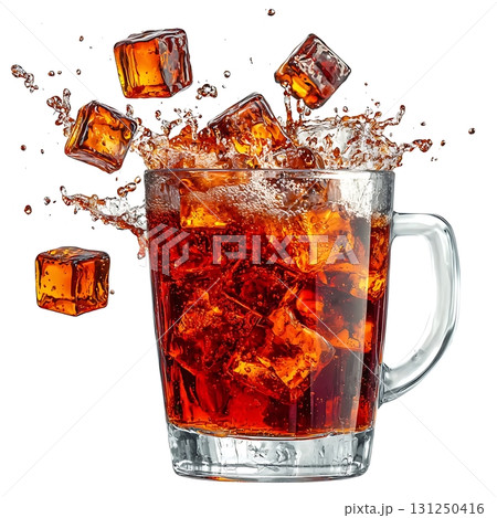 Splashing beverage in glass with ice cubes flying through the air, refreshing drink concept 131250416