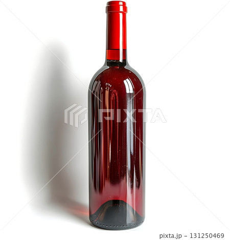 Elegant Red Glass Bottle with Glossy Surface Reflecting Light in Soft Background 131250469
