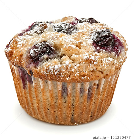Freshly Baked Blueberry Muffin with Powdered Sugar on Top in a Bright Background 131250477