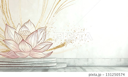Elegant Lotus Flower Illustration with Golden Accents on Minimalist Background 131250574