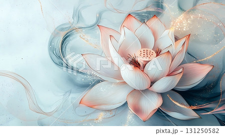 Elegant Pink Lotus Flower with Soft Swirls and Golden Highlights on Serene Background 131250582