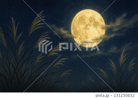 月にかかる薄雲とススキ 131250832