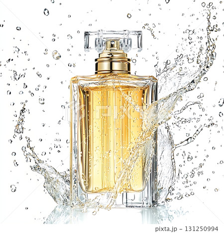 Elegant perfume bottle with splash and water droplets on a white background, beauty and luxury 131250994