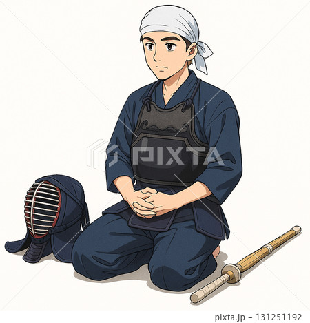 剣道の防具を着て正座する男子 131251192