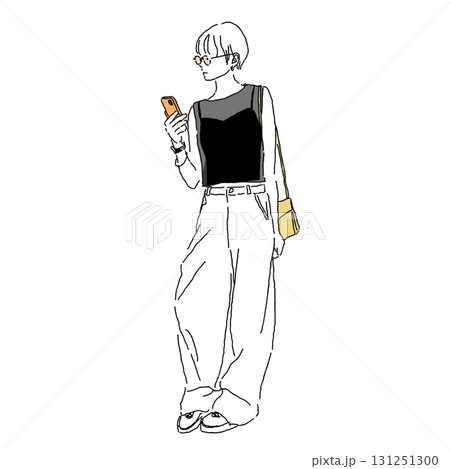 スマホを見るショートカットの女性・カジュアルレイヤードファッションのカラーファッションイラスト 131251300