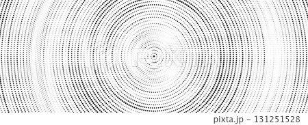 Black halftone concentric circle texture. Rippled repeating sound wave ring wallpaper. Dots radial gradient background. Vector rasterized backdrop for epicenter, target, radar signal, vibration 131251528