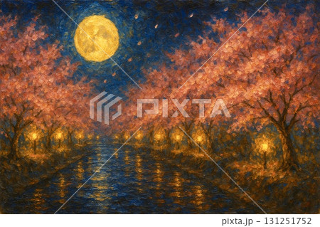 夜桜　桜並木　ライトアップ　満月　運河　油彩画 131251752