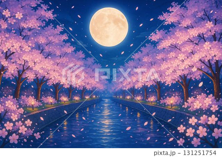 夜桜　桜並木　ライトアップ　満月　運河　アニメ調 131251754