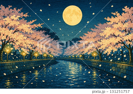 夜桜 桜並木 ライトアップ 満月 運河 版画調のイラスト素材 [131251757