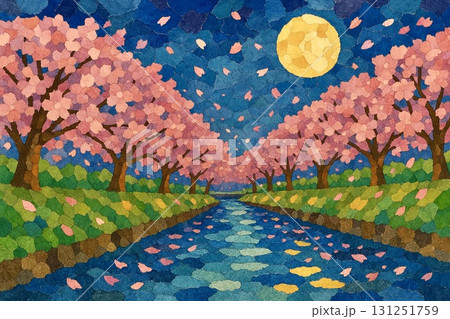 夜桜 桜並木 ライトアップ 満月 運河 貼り絵風のイラスト素材