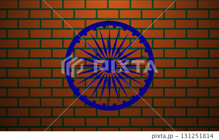 Ashoka Chakra Wheel Emblem on Brick Wall, Celebrating Indian Pride. Ashoka Chakra Wheel Emblem on Brick Wall, Celebrating Indian Pride. 131251814