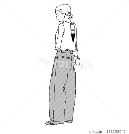 背中開きトップスとワイドパンツを合わせた女性のファッションモノクロ線画 131252042