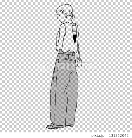 背中開きトップスとワイドパンツを合わせた女性のファッションモノクロ線画 131252042
