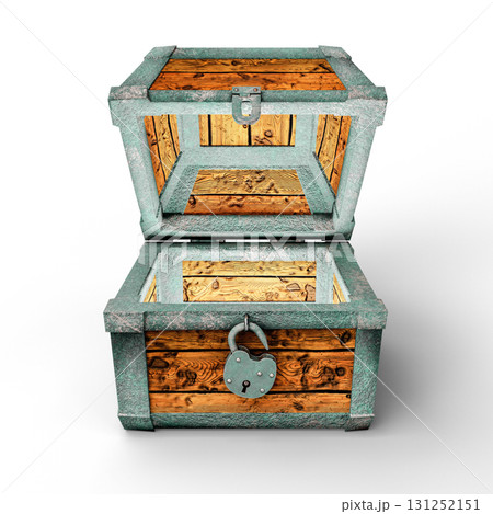 Open Wooden Chest with Metal Details and an Attached Lock on a White Background. 3D Illustration. File with Clipping Path 131252151