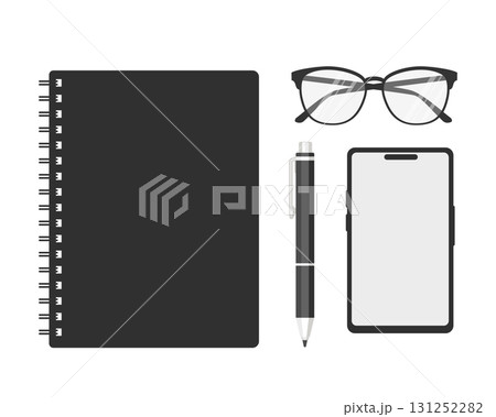 Flat lay illustration of essential office items including a spiral notebook, eyeglasses, pen, and smartphone in minimalist black and white style Flat lay illustration of essential office items including a spiral notebook, eyeglasses, pen, and smartphone in minimalist black and white style 131252282