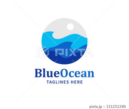 Modern circular design featuring layered blue ocean waves with a sun above, ideal for marine, travel, and environmental branding Modern circular design featuring layered blue ocean waves with a sun above, ideal for marine, travel, and environmental branding 131252290