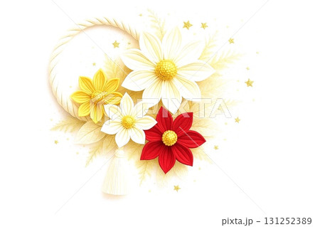 華やかなつまみ細工風の正月飾り　和風フラワーアレンジ背景 131252389