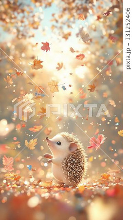 舞い落ちる紅葉とハリネズミ 131252406