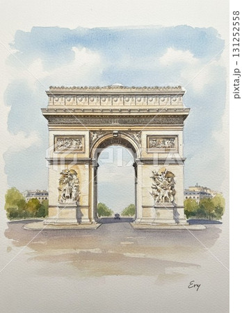 フランス パリの象徴である凱旋門を青空の下で描いた風景 131252558