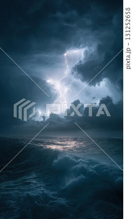 Lightning storm over vast ocean with dramatic clouds, crashing waves, and intense atmosphere 131252658