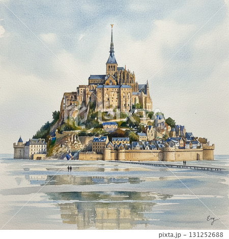 フランスの世界遺産モン・サン＝ミシェルを水面に映る姿と描いた風景 131252688