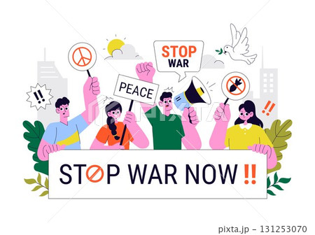 Protest Anti War Resistance Demonstration Illustration Featuring Protesters, Activists, and a Crowd with Placards for a Peaceful Social Demonstration 131253070