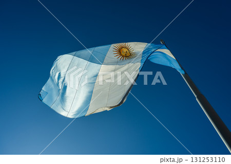 Argentinian flag waving in the wind against blue sky 131253110