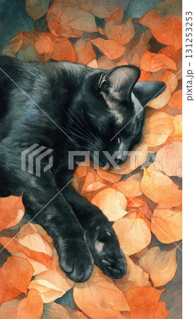 Watercolor Painting of Black Cat on Autumn Leaves in Dreamy Tones Watercolor Painting of Black Cat on Autumn Leaves in Dreamy Tones 131253253