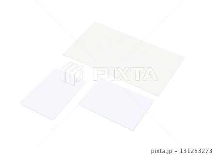 Three blank white cards of varying sizes, isolated on white, PNG 131253273